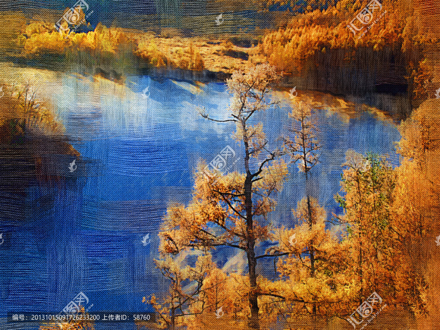 秋林河灣圖,電腦油畫