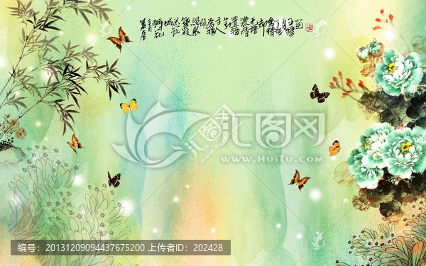 綠色牡丹,大型壁畫,墻紙