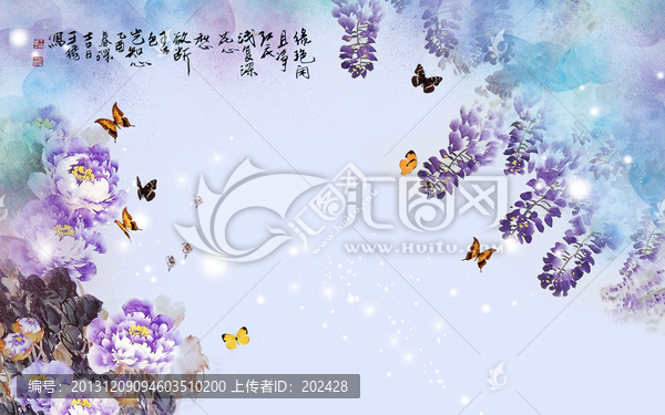 紫藤,牡丹,大型壁畫,墻紙