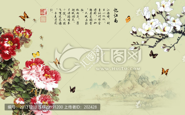 憶江南,紅牡丹壁紙,壁畫,墻紙
