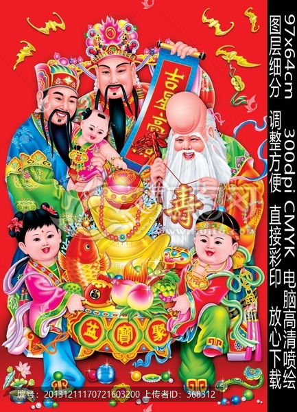 三星高照,福祿壽,中堂畫