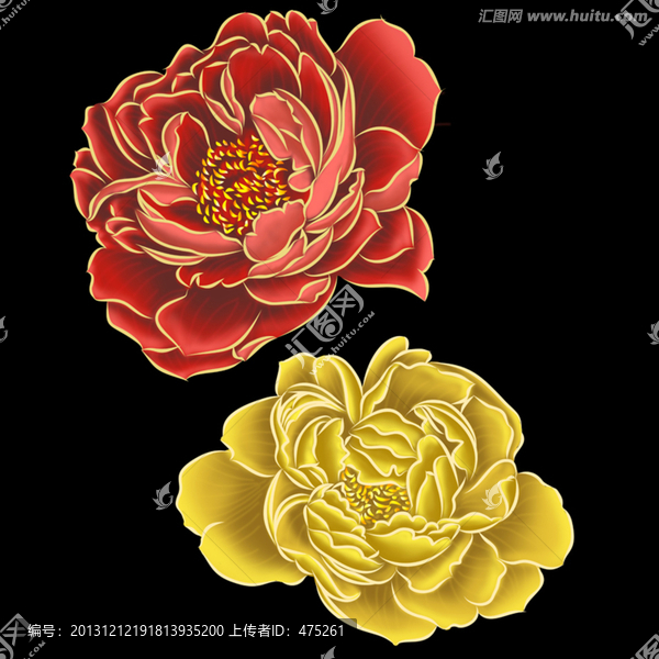 牡丹富貴花紅色和金色