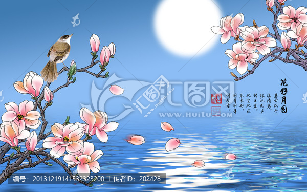大型壁紙壁畫,花好月圓
