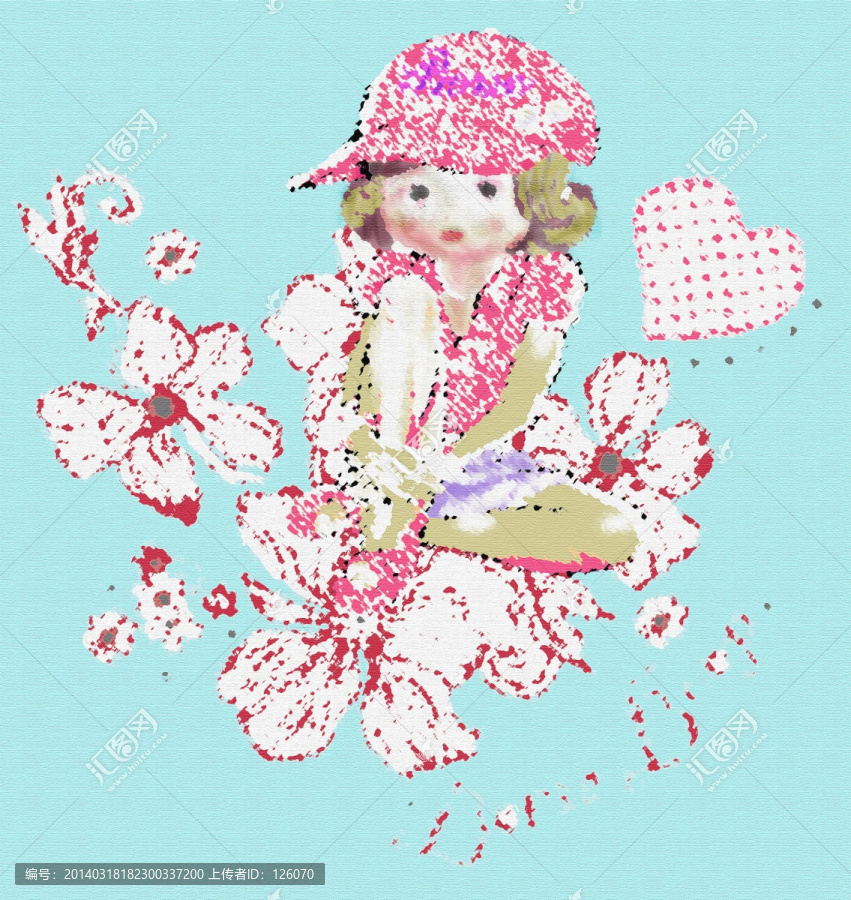 小女孩坐在花上油畫
