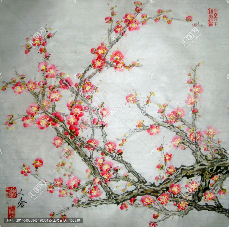 國(guó)畫紅梅,斗方