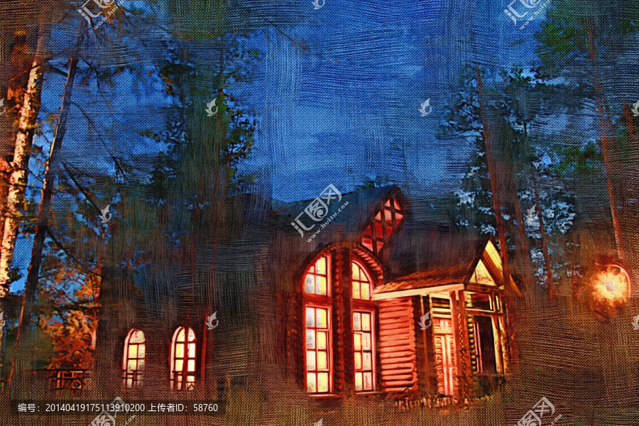 森林別墅之夜,電腦油畫