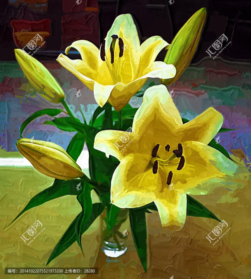 油畫,黃百合花
