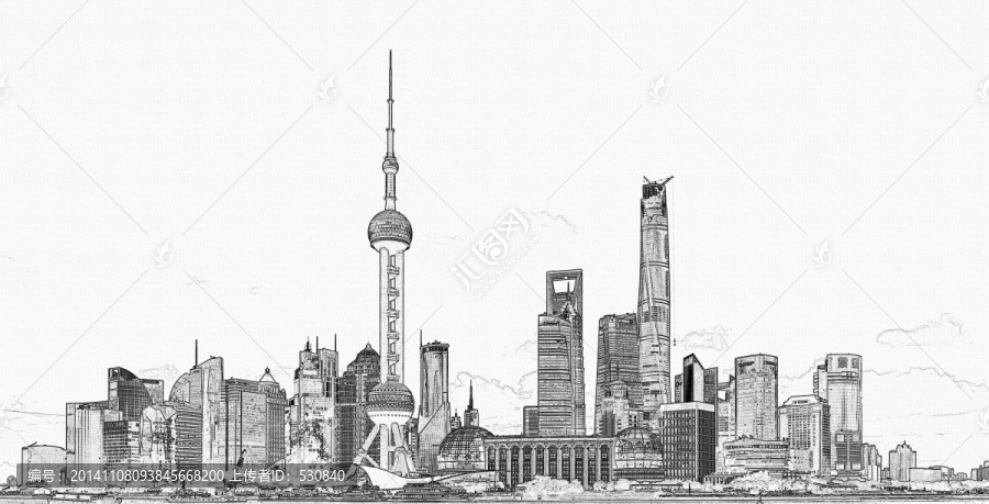 上海陸家嘴黑色線描效果圖