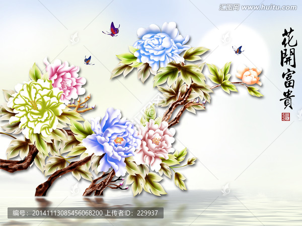 3D浮雕壁畫,花開富貴