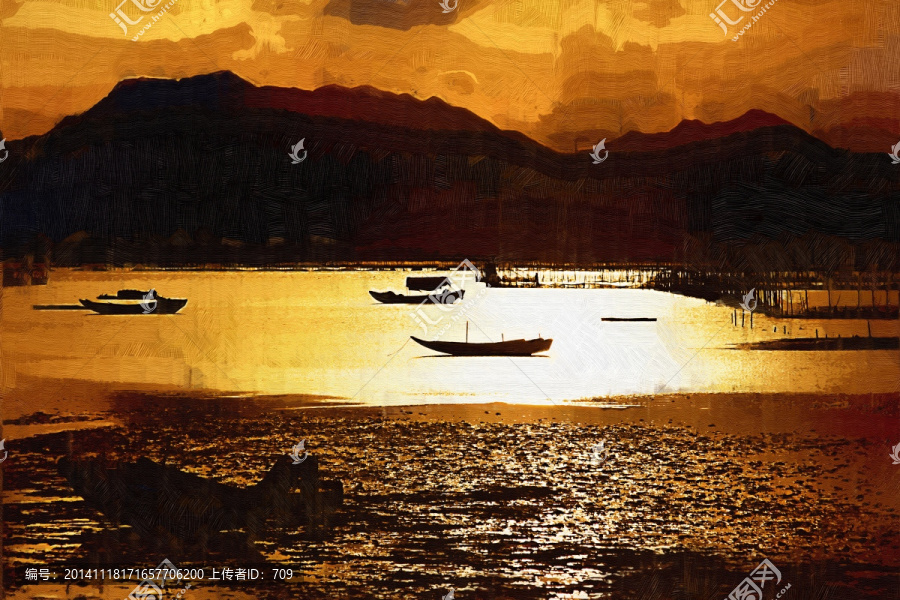 湖泊風景油畫