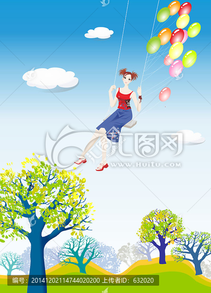 空中蕩秋千女孩插畫