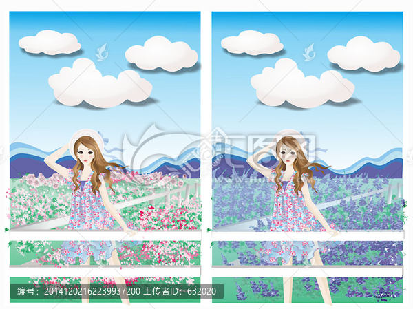 熏衣草花園女孩插畫圖片