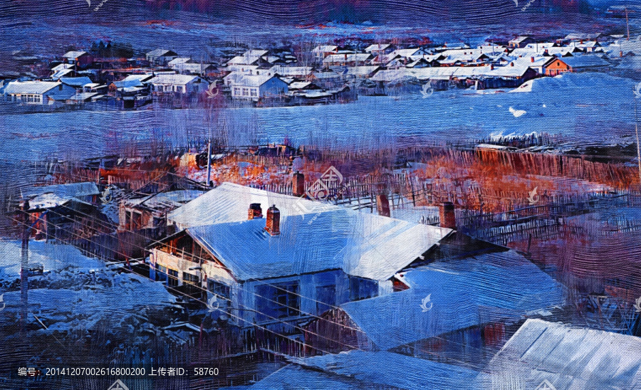 電腦畫,雪色村莊