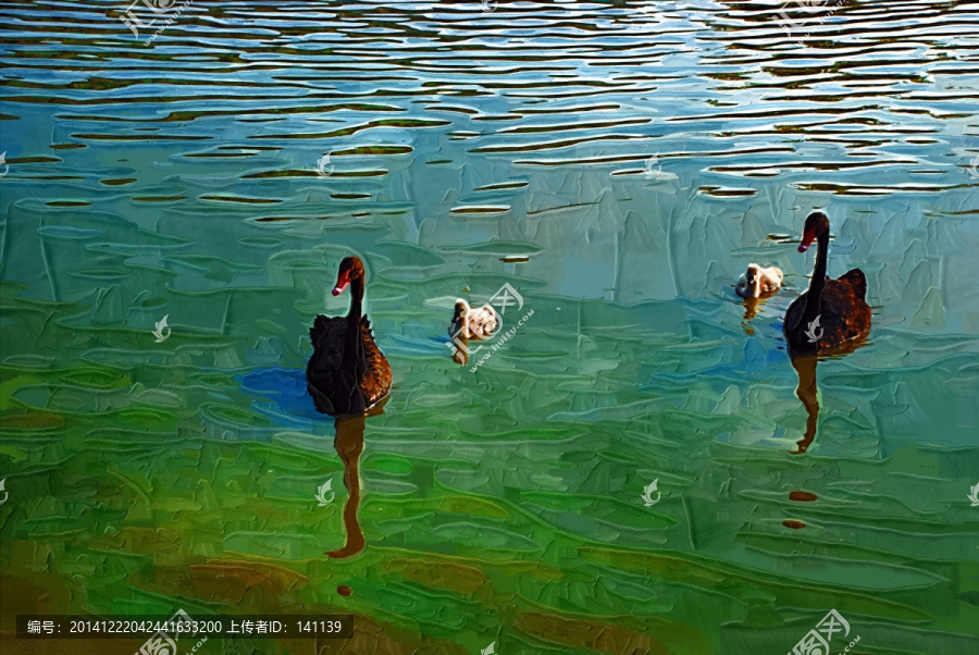 母愛,天鵝媽媽和寶寶,天鵝油畫