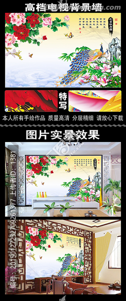 手繪孔雀牡丹圖超清大型壁畫