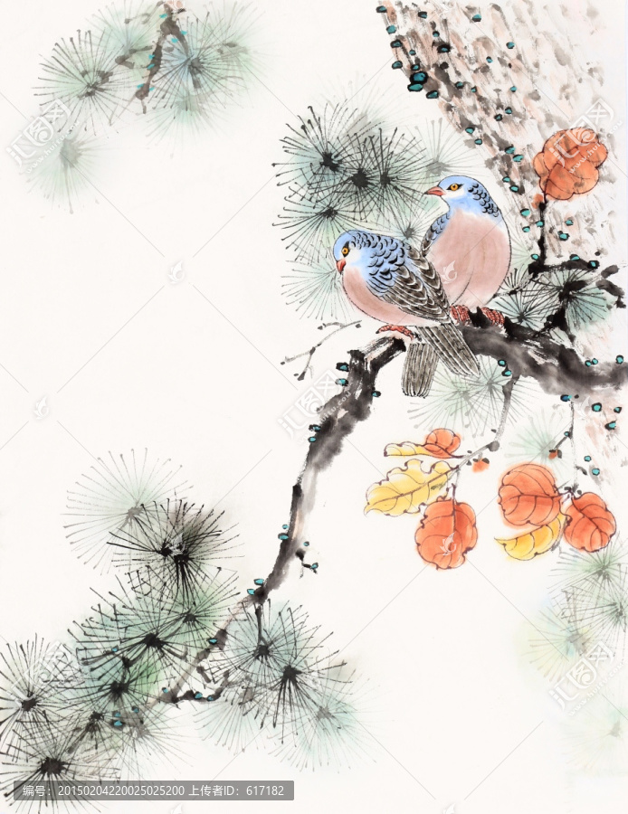 原創(chuàng),古松雙禽,國(guó)畫