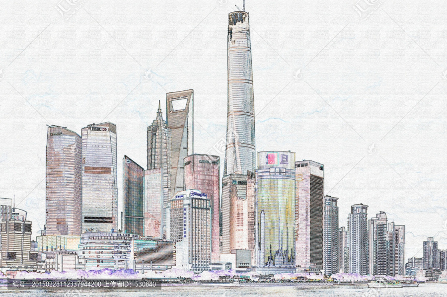 上海外滩建筑彩色线描