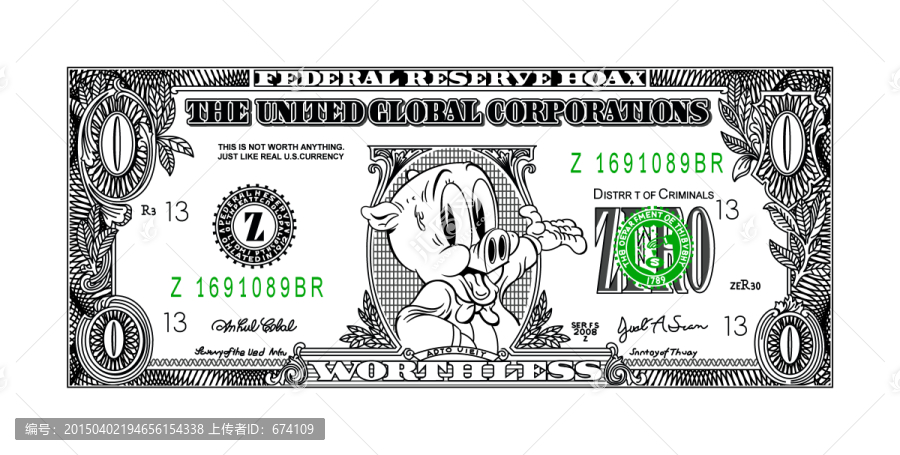 小猪美金钱币印花图