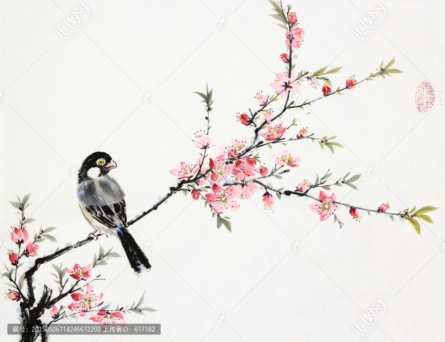 灰文鳥,桃花,中國畫