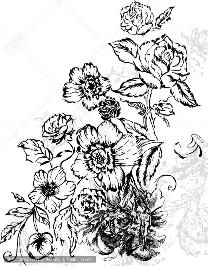 黑白素描手繪花卉圖案,分層