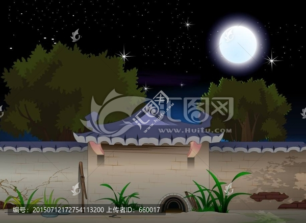 flash場景卡通素材夜晚亭臺