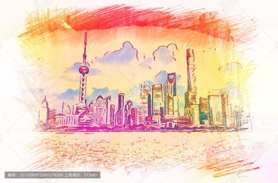 上海風(fēng)景,彩鉛手繪畫