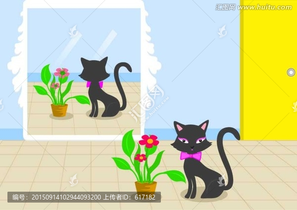 猫咪,花盆,镜子,卡通图