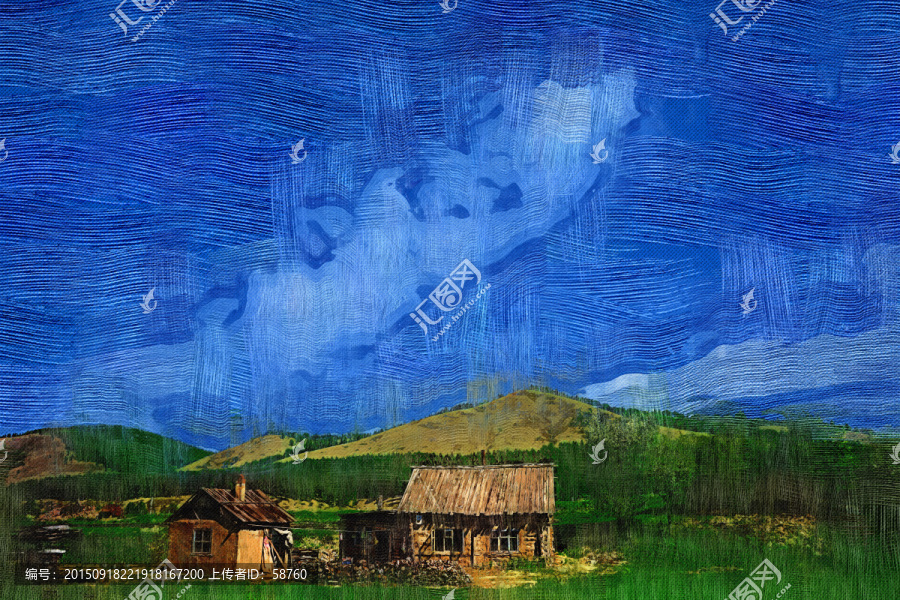 電腦油畫,山村人家
