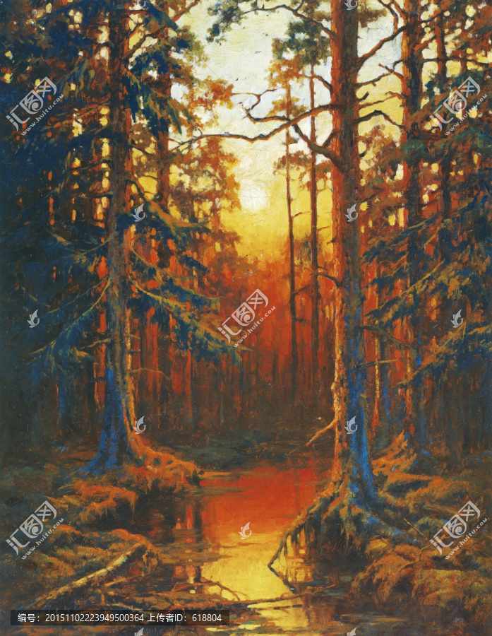 风景油画,森林晚霞