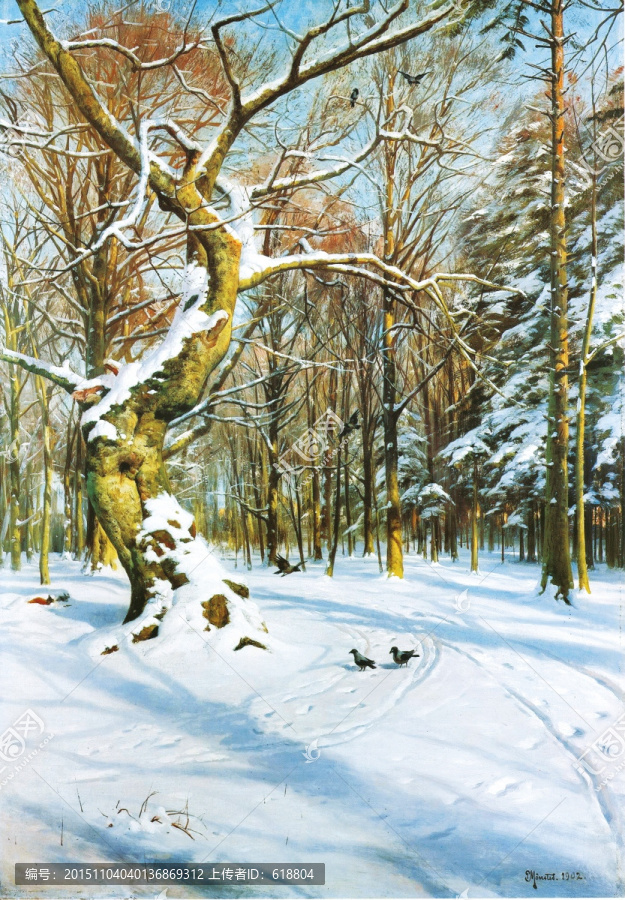 风景油画,雪地森林