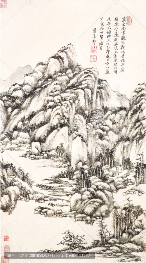 水墨國畫,仿吳鎮(zhèn)山水圖