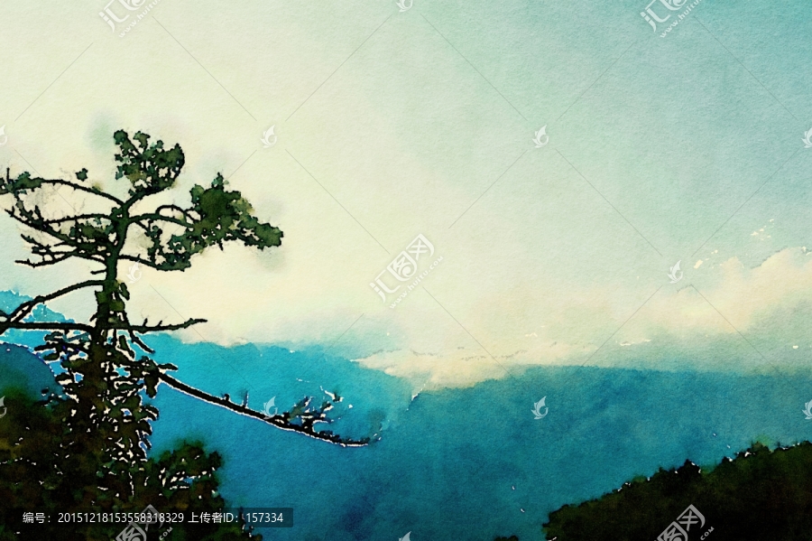 水彩畫,迎客松