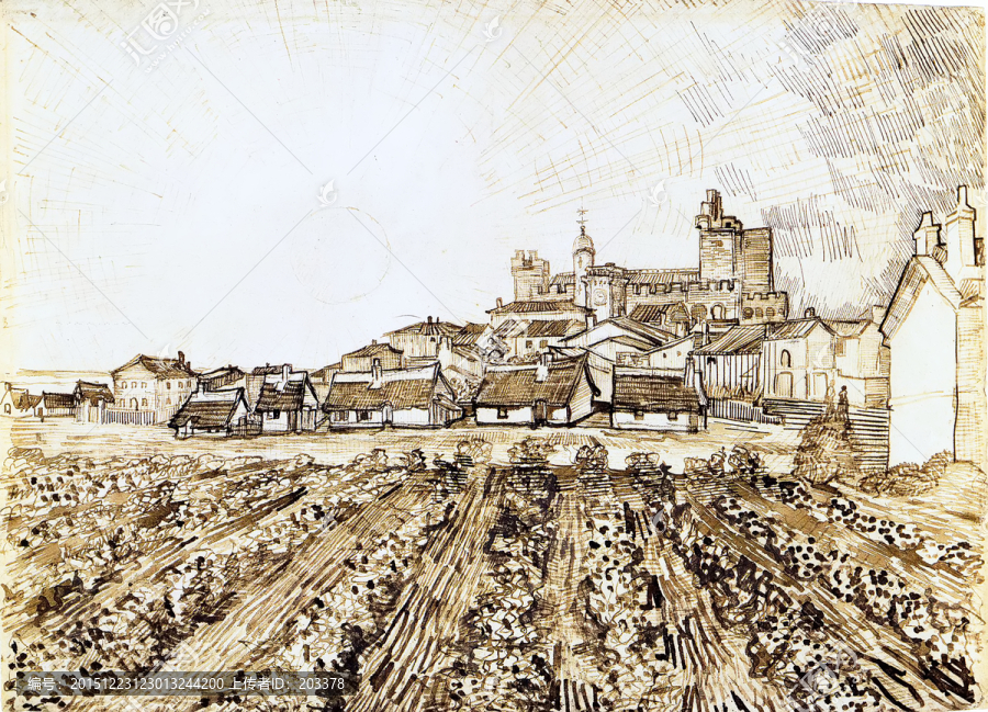 梵高素描,教堂和城墙