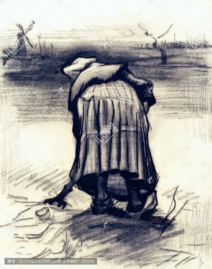 梵高素描,農(nóng)婦提收土豆