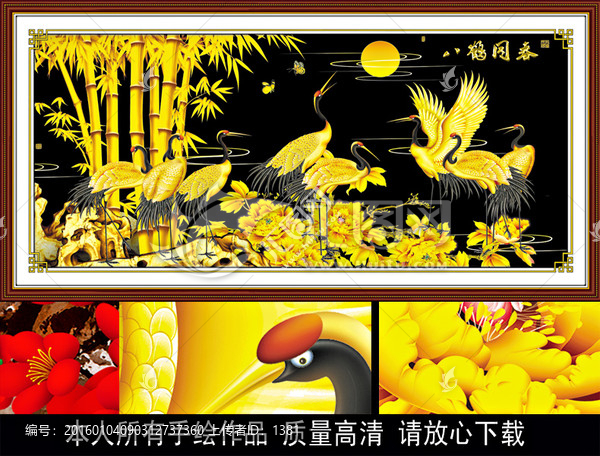 金色八鶴長(zhǎng)壽圖,牡丹花,竹子