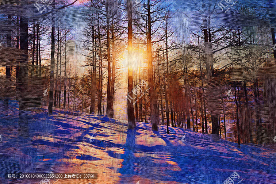 電腦油畫,雪林夕照