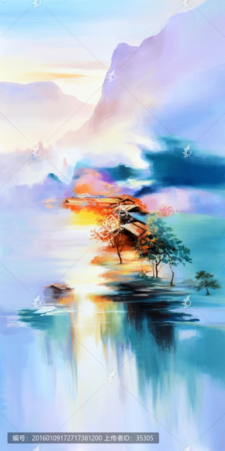 湖邊房屋山水畫藝術(shù)玄關(guān)不分層