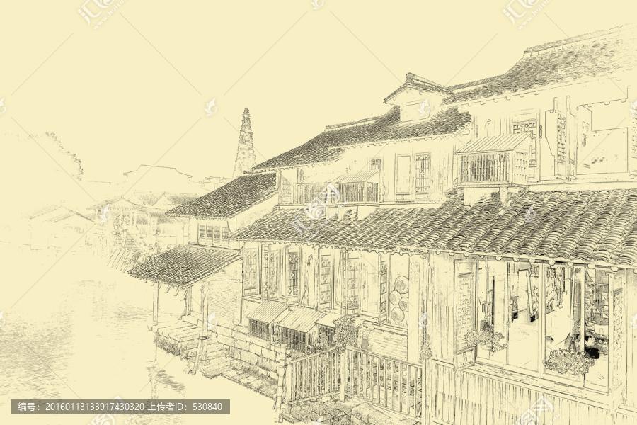 江南古鎮(zhèn)線描,TIF（未分層）