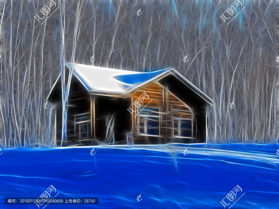 電腦畫,雪原木屋