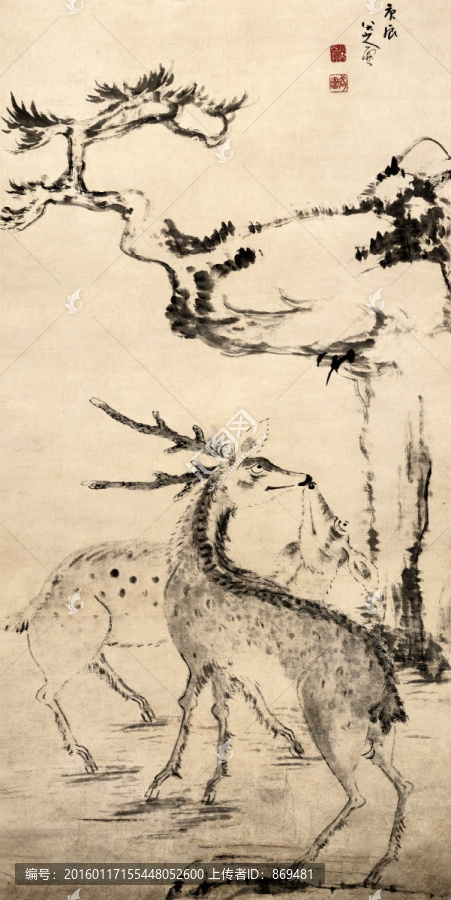 朱耷,松樹雙鹿圖,未分層