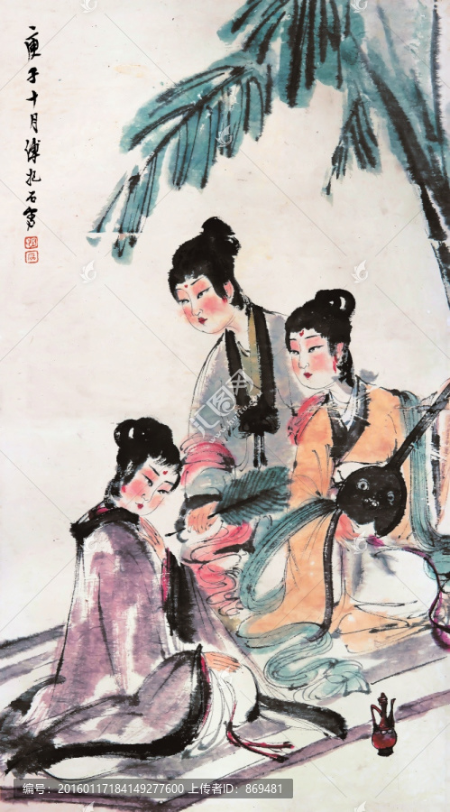傅抱石,芭蕉美人圖,未分層
