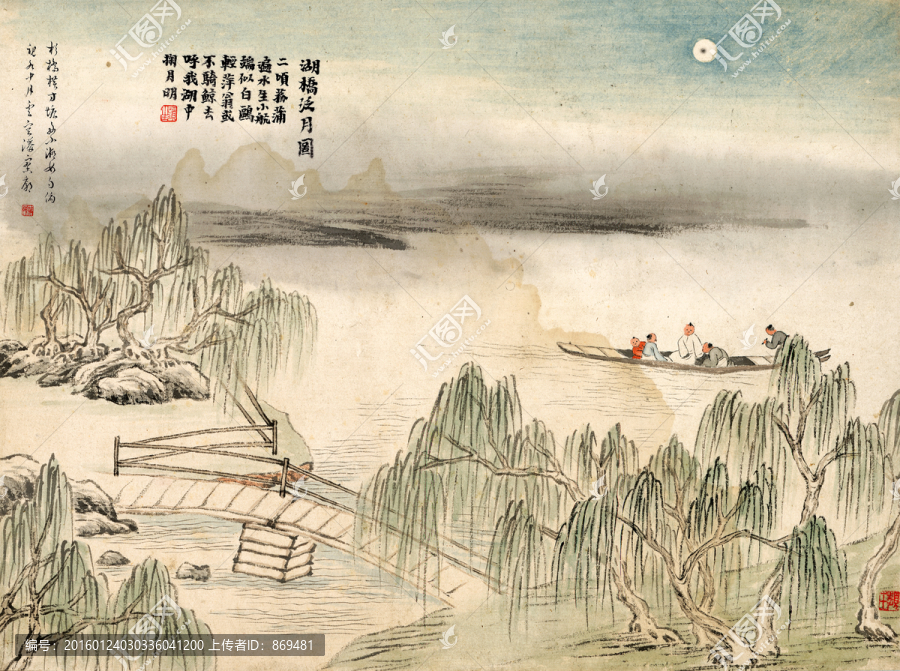 齊白石,湖橋泛月圖,未分層