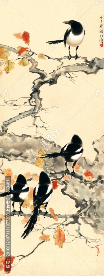 徐悲鴻,春日四喜鵲圖,未分層