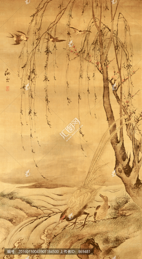 汪肇,柳禽白鷴立軸,未分層