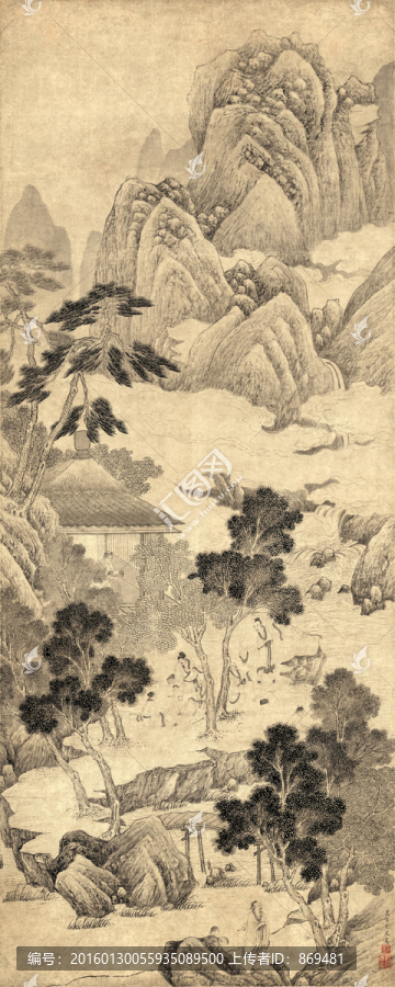 尤求,墨筆山水人物軸,未分層
