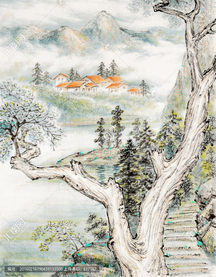 老樹山道,依山傍水,國畫