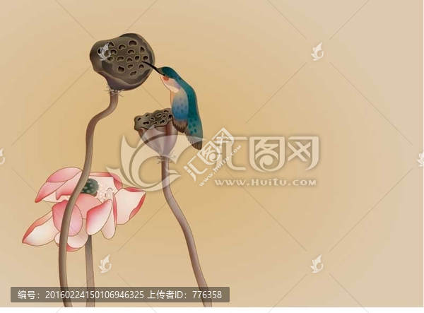 翠鳥(niǎo)荷花工筆畫(huà)矢量圖
