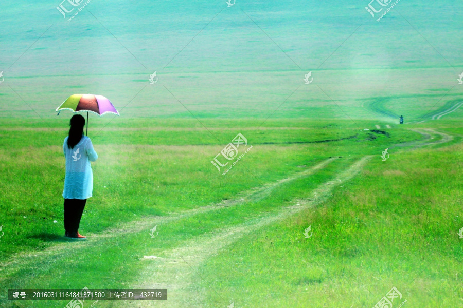 草原上的打伞的女人背影