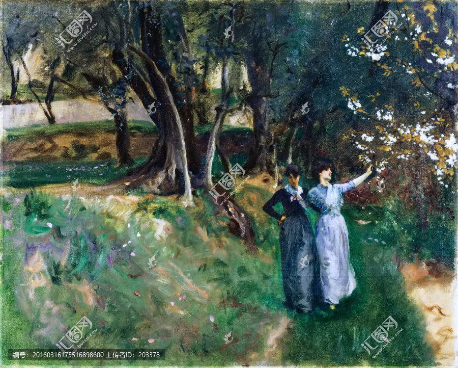 薩金特,森林花園女性油畫