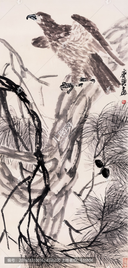 齊白石博物館原畫掃描,松鷹圖紙